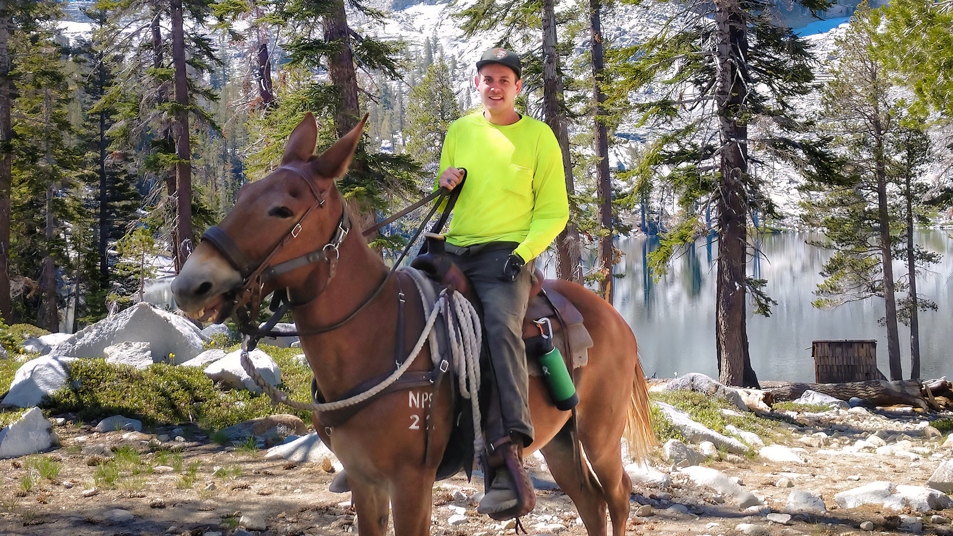 Austin Anderson on his horse in the National Park where he works as an tree faller