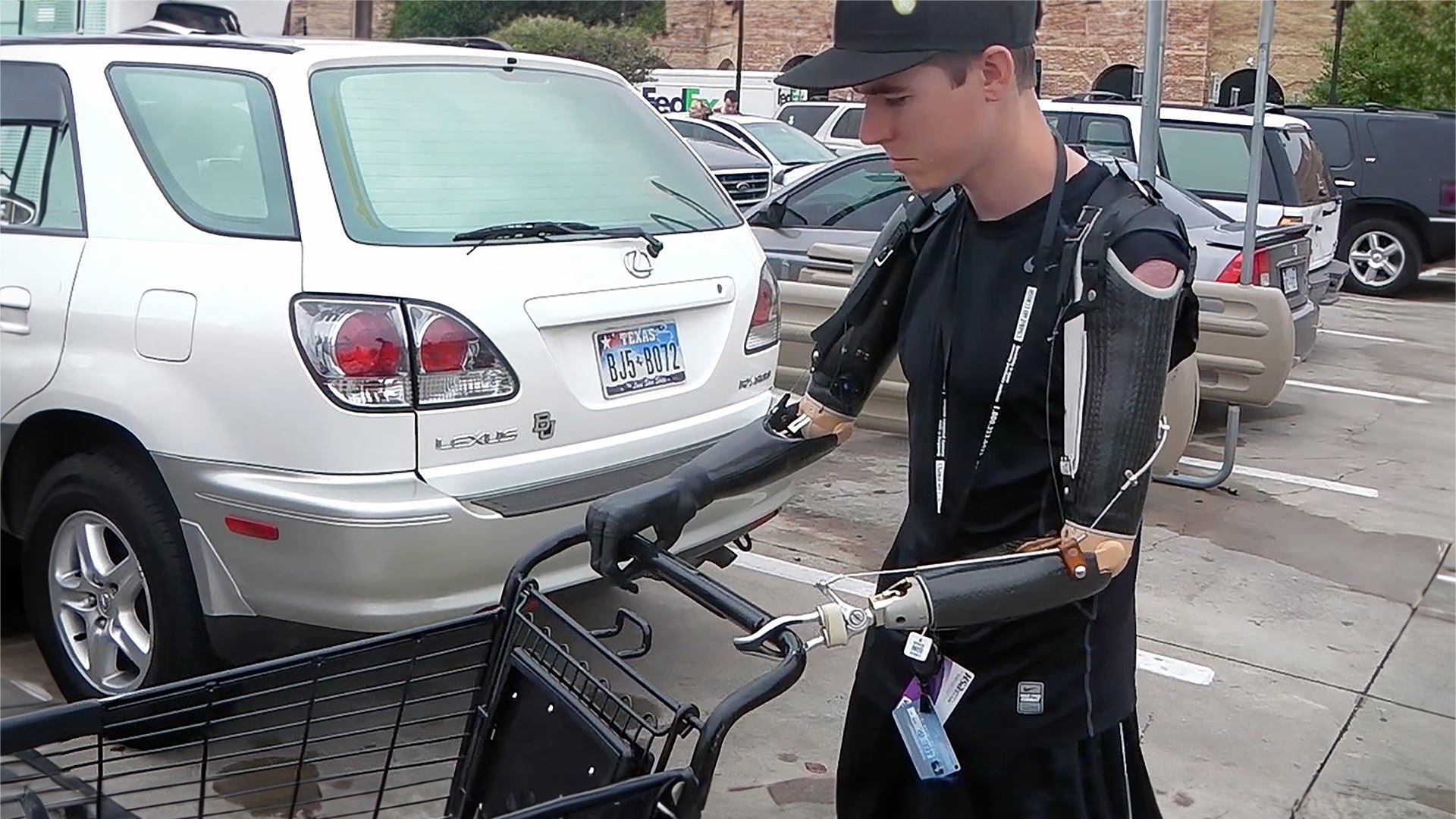 Justin Goodin is out shopping with his myoelectric i-limb hand and body-powered hook