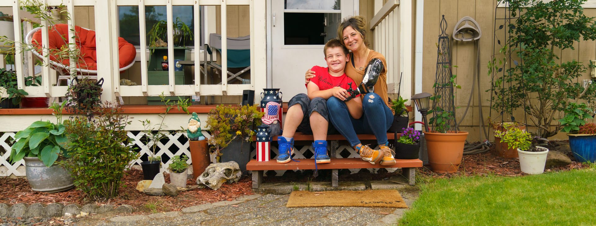 Wendi Parker and son Hank hanging out on front porch