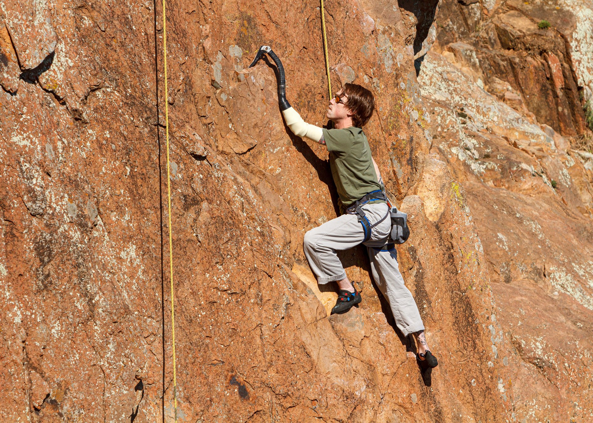 Bryan Doyne uses his activity-specific prosthesis to rock climb in the Wichita Mountains.